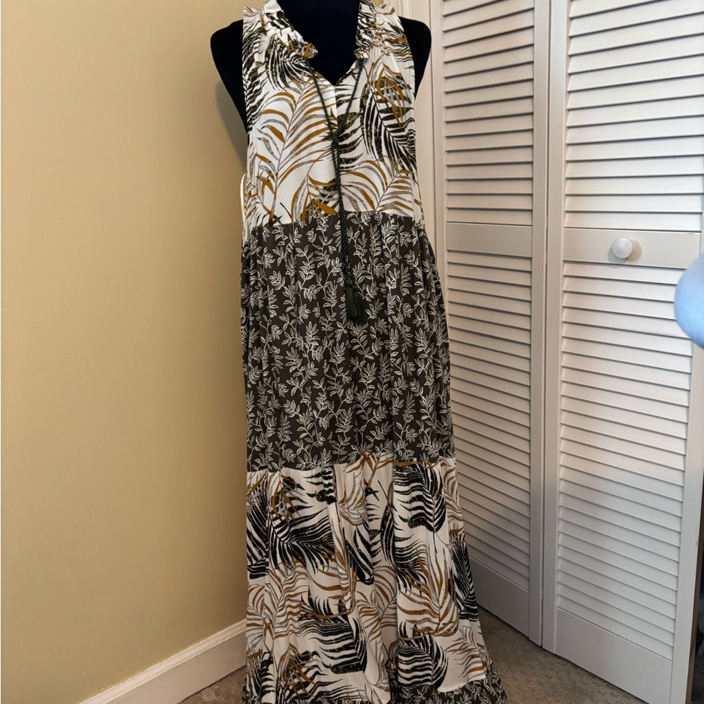 V-Neck Olive and White Printed Maxi Dress with Tassel Tie